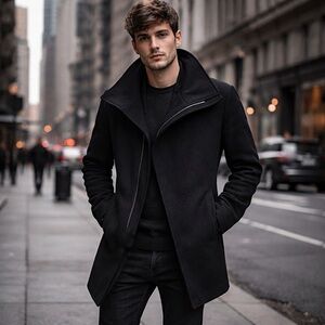 ZARA MAN Black Asymmetrical Half Zip Peacoat Size Small Modern Minimalist Coat